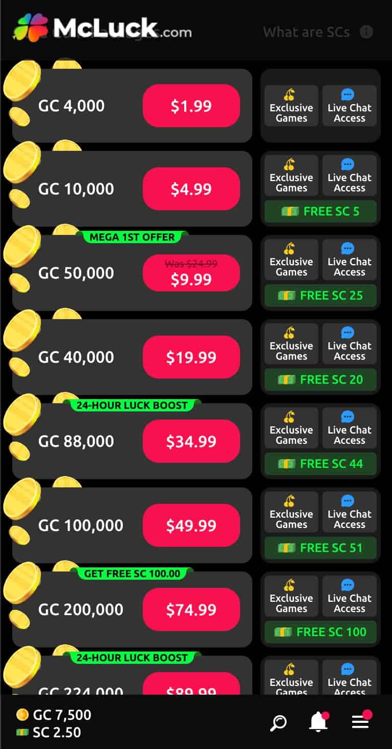 Coin packages and costs at McLuck